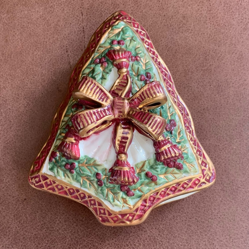 International Bazaar porcelain holiday tree shaped box